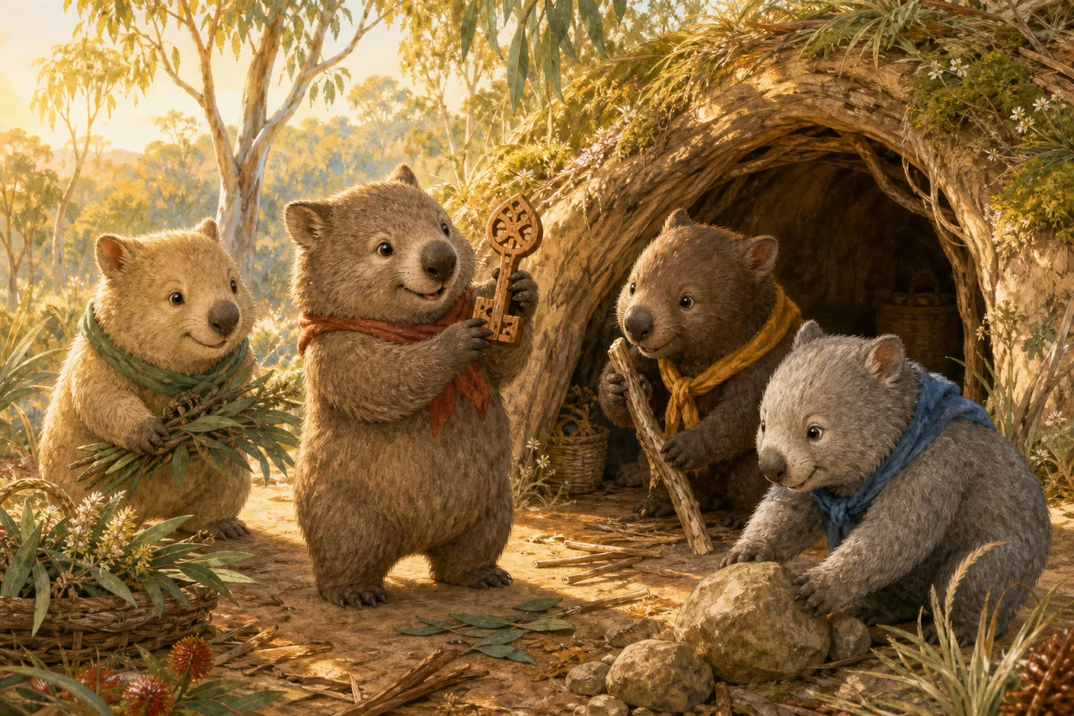 Mabel and three wombat friends prepare a burrow while Mabel holds its carved wooden key
