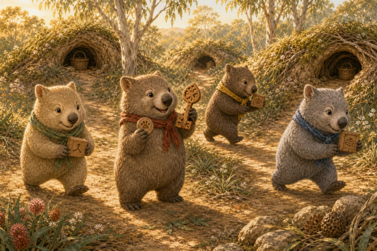 Three wombat helpers carry separate wooden recovery clues to their own burrows