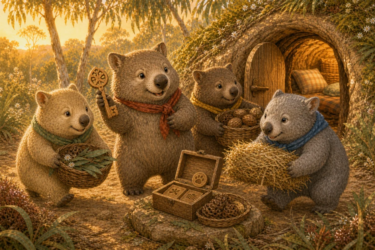 The four wombats celebrate after recovering the wooden key and reopening Mabel's burrow