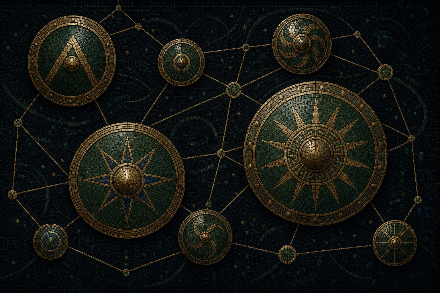 A network of bronze and verdigris mosaic shields connected as technical nodes