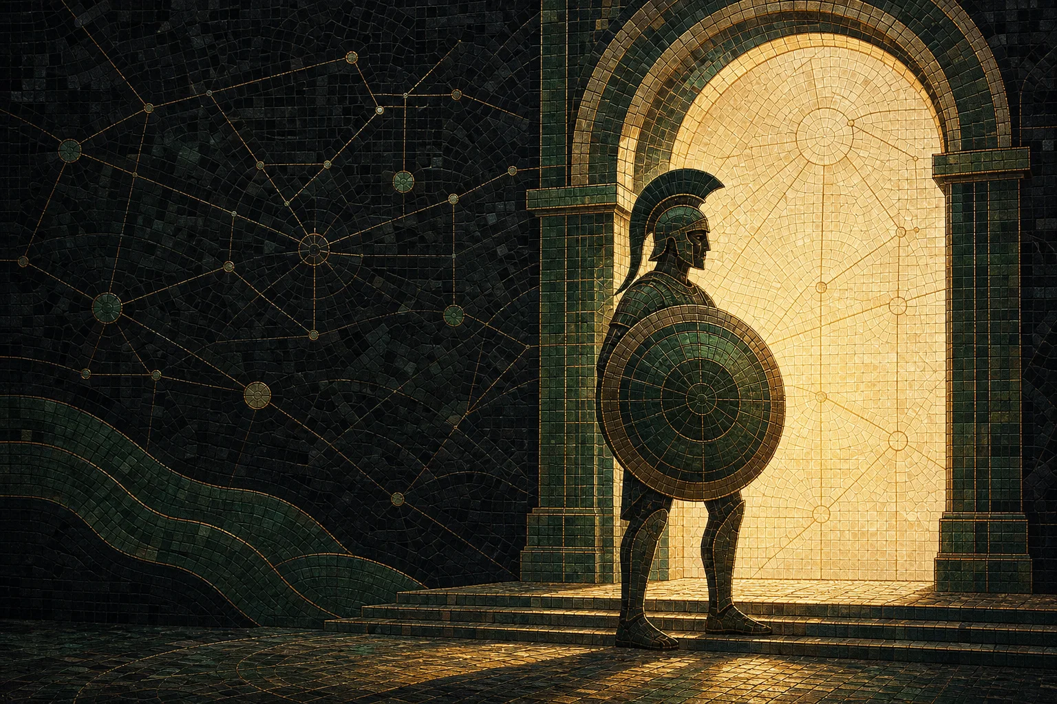 A mosaic shield bearer guarding a luminous architectural threshold